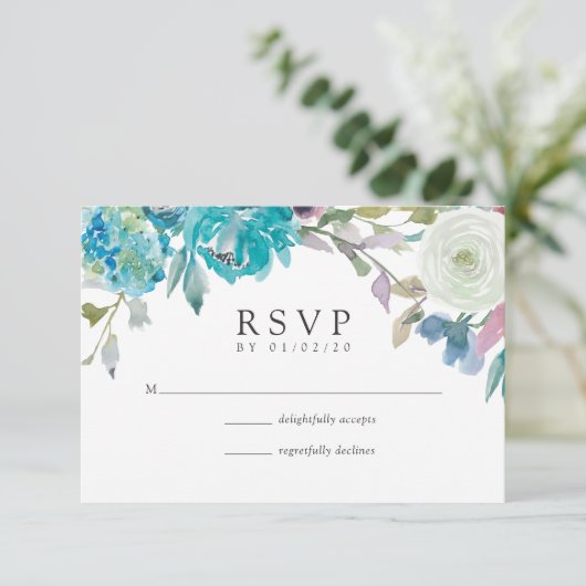 Dusty Blue en Turquoise Floral Wedding RSVP (Staand voorkant)
