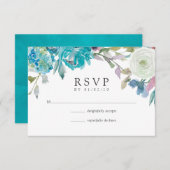 Dusty Blue en Turquoise Floral Wedding RSVP (Voorkant / Achterkant)