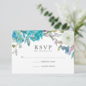 Dusty Blue en Turquoise Floral Wedding RSVP Kaartje (Staand voorkant)