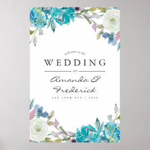 Dusty Blue en Turquoise Floral Wedding Welcome Poster
