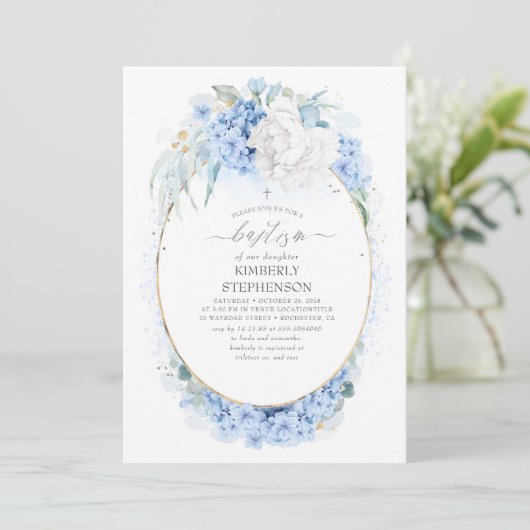 Dusty Blue en White Floral Baptism Kaart (Staand voorkant)