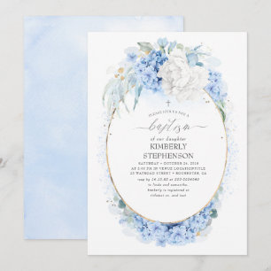Dusty Blue en White Floral Baptism Kaart