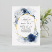 Dusty Blue en White Floral Botanical Wedding Folie Uitnodiging (Staand Voorkant)