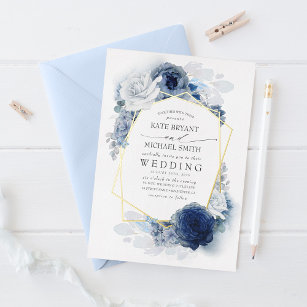 Dusty Blue en White Floral Botanical Wedding Folie Uitnodiging