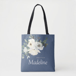 Dusty Blue en White Floral - Dusty Blue Tote Bag