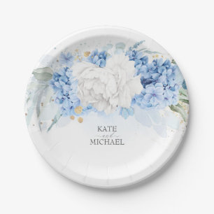 Dusty Blue en White Floral Elegant Papieren Bordje