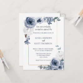 Dusty Blue en White Floral Gold Botanical Weddensc Kaart