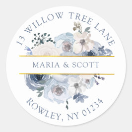 Dusty Blue en White Floral Gold Return Address Ronde Sticker