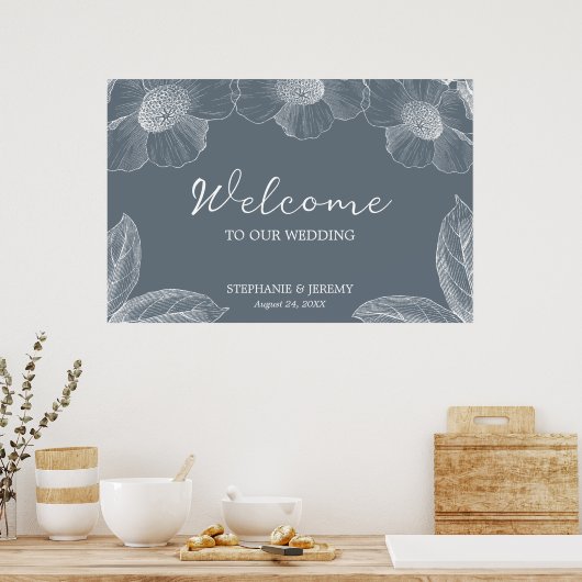 Dusty Blue en White Floral Line Art Poster (Keuken)