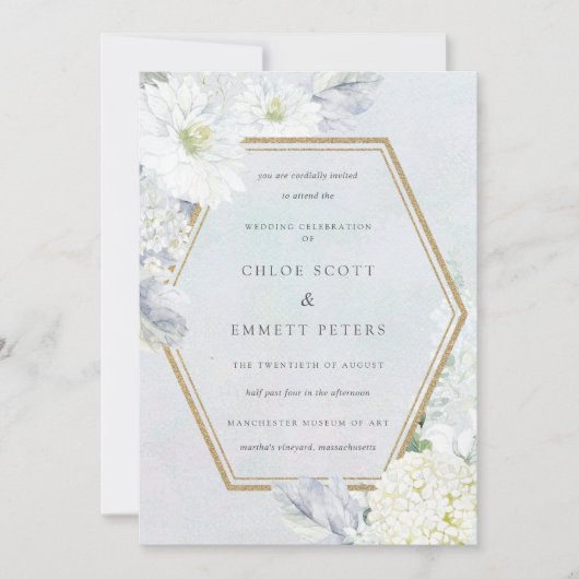 Dusty Blue en White Floral Waterverf Wedding Kaart (Voorkant)