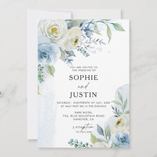 Dusty Blue en White Floral Wedding Invitation Kaart (Voorkant)