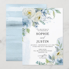 Dusty Blue en White Floral Wedding Invitation Kaart