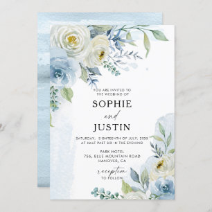 Dusty Blue en White Floral Wedding Invitation Kaart