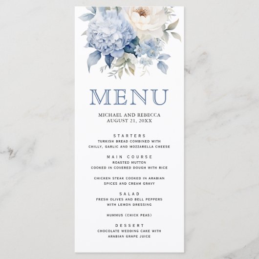 Dusty Blue en White Floral Wedding Menu (Voorkant)
