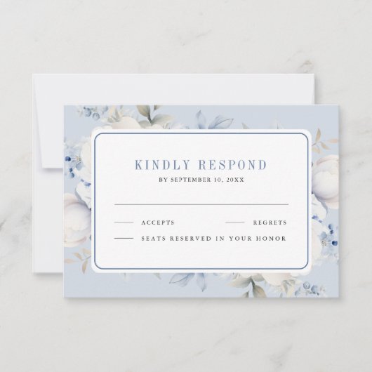 Dusty Blue en White Floral Wedding RSVP Kaartje (Voorkant)