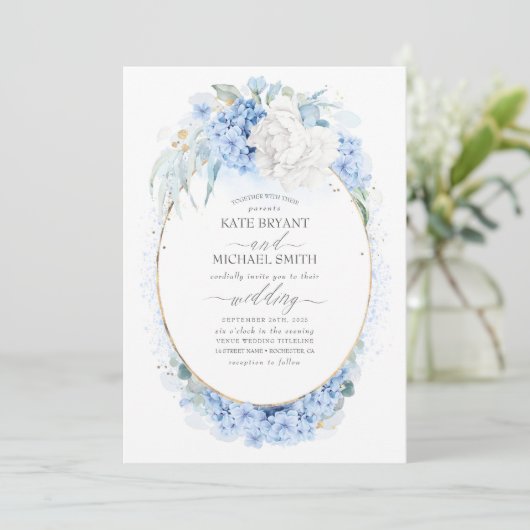 Dusty Blue en White Flowers Elegant Wedding Kaart (Staand voorkant)
