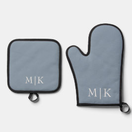 Dusty Blue en White | Modern monogram Ovenwant & Pannenlap Set