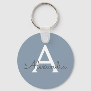 Dusty Blue en White Monogrammed Sleutelhanger