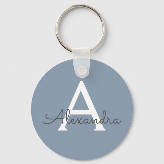 Dusty Blue en White Monogrammed Sleutelhanger (Voorkant)
