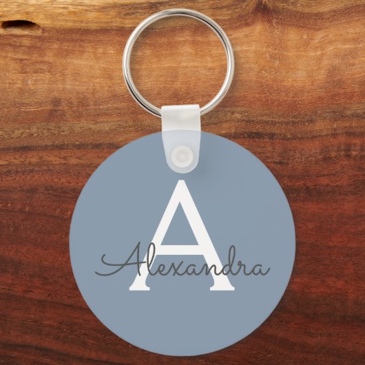 Dusty Blue en White Monogrammed Sleutelhanger (Voorkant)
