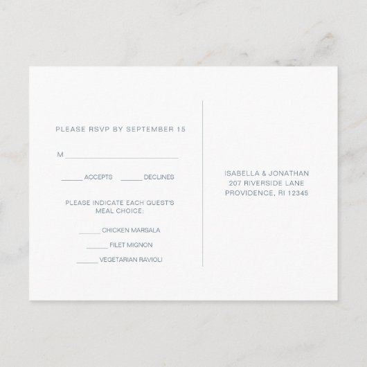 Dusty Blue en White Rsvp with Meal Choice Uitnodiging Briefkaart (Achterkant)