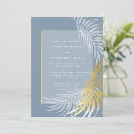 Dusty Blue en White Tropical Wedding Invitation Kaart