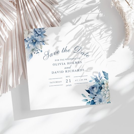 Dusty Blue en White Wildflower Save the Date Kaart