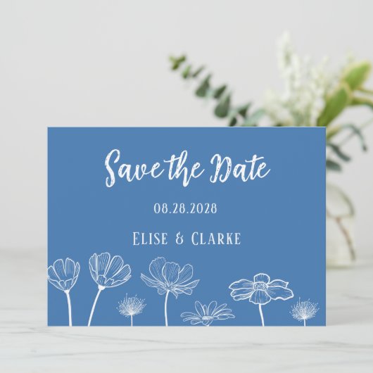 Dusty Blue en White Wildflower Save the Date Kaart (Staand voorkant)