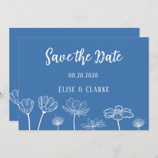 Dusty Blue en White Wildflower Save the Date Kaart (Voorkant / Achterkant)