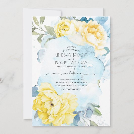 Dusty Blue en Yellow Floral Wedding Invitation Kaart (Voorkant)