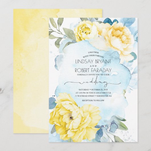 Dusty Blue en Yellow Floral Wedding Invitation Kaart (Voorkant / Achterkant)