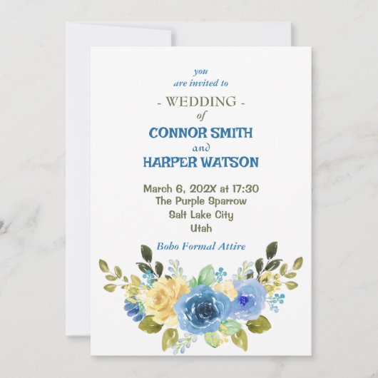 Dusty Blue en Yellow Floral Wedding Invitation Kaart (Voorkant)