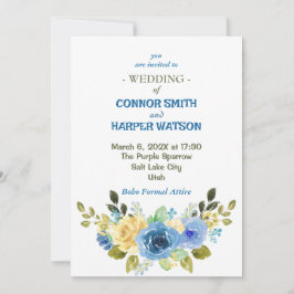 Dusty Blue en Yellow Floral Wedding Invitation Kaart