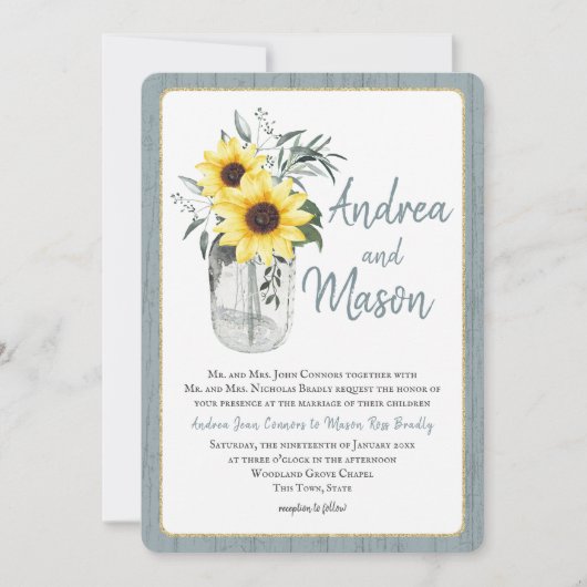 Dusty Blue en Zonnebloem Jar Rustieke bruiloft Kaart (Voorkant)