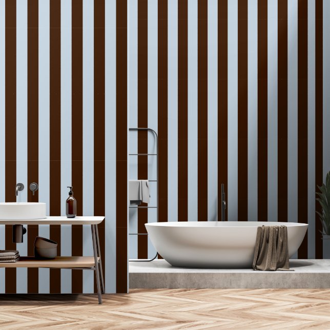 Dusty Blue & Espresso Bruin Brede 4 Inch Stripe Behang (Badkamer)