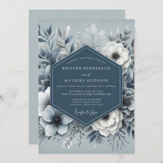 Dusty Blue Ethereal Flora Wedding Kaart (Voorkant / Achterkant)