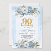 Dusty Blue Eucalyptus 90th Birthday Elegant Invite Kaart (Voorkant)