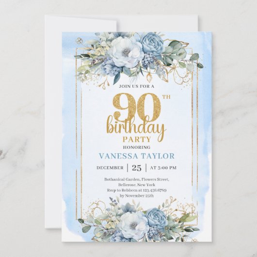 Dusty Blue Eucalyptus 90th Birthday Elegant Invite Kaart (Voorkant)