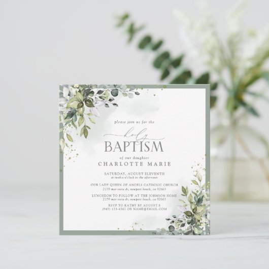 Dusty Blue Eucalyptus Botanical Floral Baptisme Kaart (Staand voorkant)