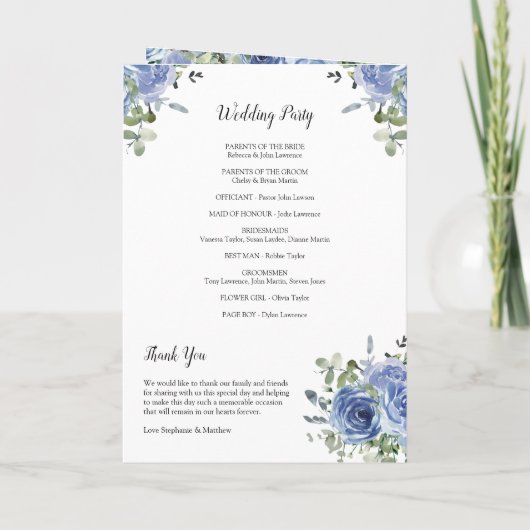 Dusty Blue Eucalyptus Botanical Wedding Programme Programma (Achterkant)