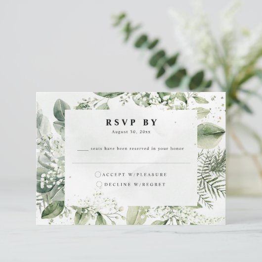 Dusty Blue Eucalyptus Botanical Wedding RSVP Informatiekaartje (Staand voorkant)