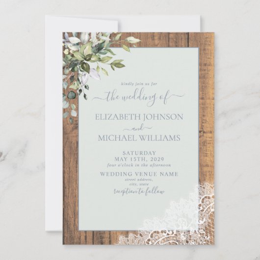 Dusty Blue Eucalyptus Botanical Wood Weddenschap Kaart (Voorkant)