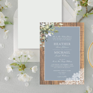 Dusty Blue Eucalyptus Botanical Wood Wedding Invem Kaart