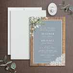Dusty Blue Eucalyptus Botanical Wood Wedding Invem Kaart<br><div class="desc">We zijn zo blij met deze traditionele, stoffige blauwe, rustige trouwuitnodiging. Dit prachtige, elegante design met licht dusty blauw handschrift met briefjes, een stoffige blauwe achtergrond en kant is voorzien van een stoffige blauwe eucalyptus botanische waterverf. Deel van een overeenkomende huwelijksuitnodiging. https://www.zazzle.com/store/elegant_invites_/gifts?cg=196910687900850272&pburl= Hartelijk dank voor uw steun aan onze kleine...</div>
