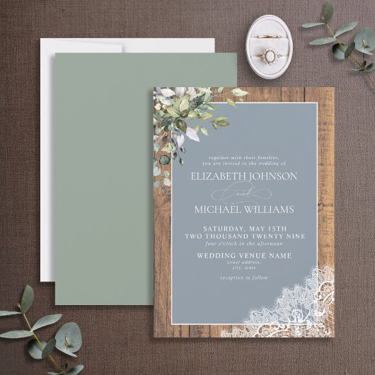 Dusty Blue Eucalyptus Botanical Wood Wedding Invem Kaart
