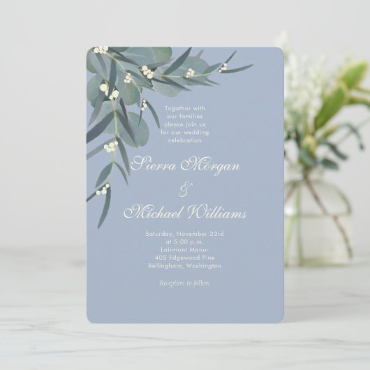 Dusty Blue | Eucalyptus Botanische bruiloft Kaart (Staand voorkant)