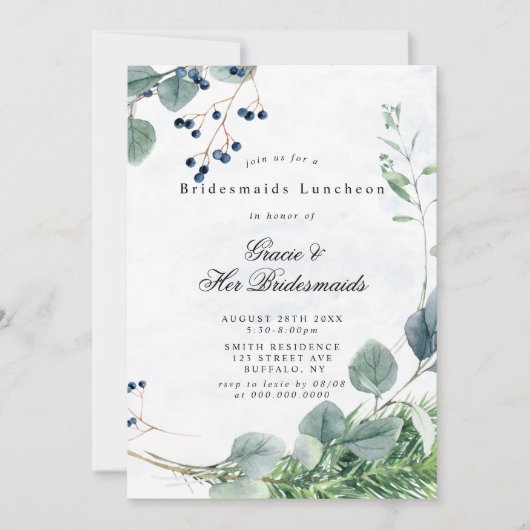 Dusty Blue Eucalyptus Bridesmaids Luncheon Invita (Voorkant)