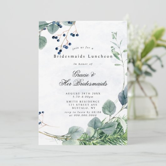 Dusty Blue Eucalyptus Bridesmaids Luncheon Invita (Staand voorkant)
