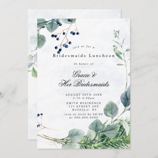 Dusty Blue Eucalyptus Bridesmaids Luncheon Invita (Voorkant / Achterkant)