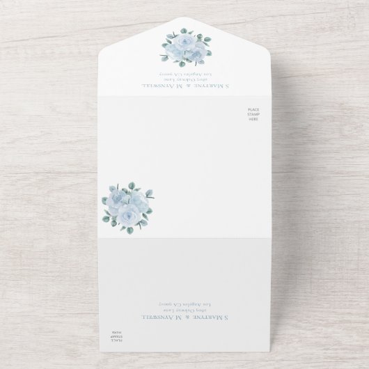 Dusty Blue Eucalyptus Elegant Floral Wedding All In One Uitnodiging (Buitenkant)